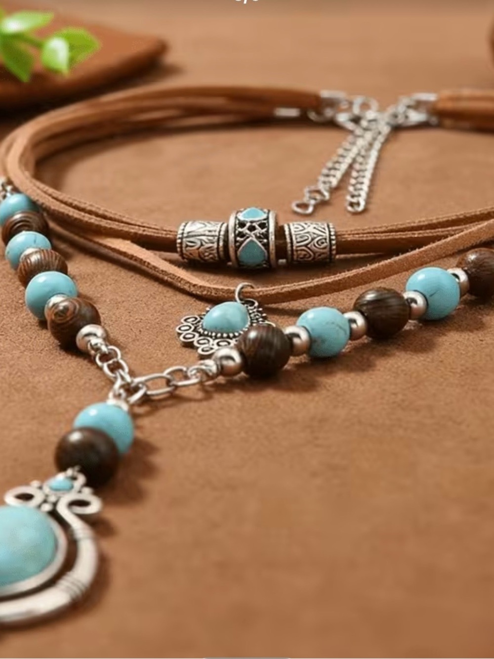 Boho Turquoise Layered Pendant Corded Necklace - Picture 3 of 4